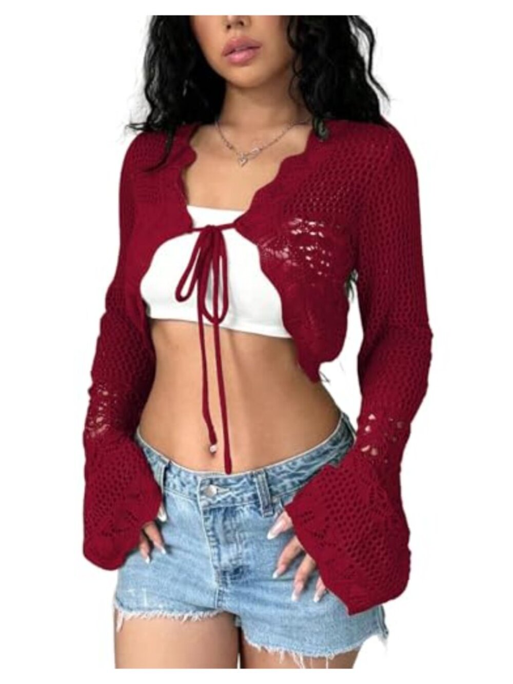 Women's Hollow Knit Tie Front Cropped Long Sleeve Cardigan Shrug Sweater